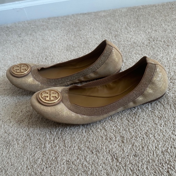 Tory Burch Metallic Gold Elastic Slip on Caroline Ballet Flats 9M - Picture 9 of 10